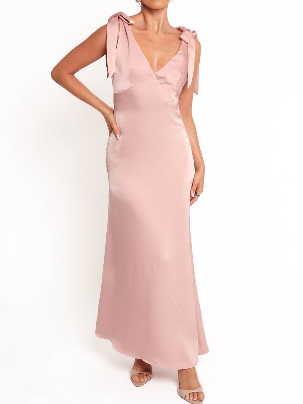 Petal & Pup Tie-Shoulder Satin Maxi Dress in Blush Pink